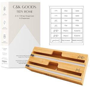 c&k goods tidy home 2-in-1 wrap dispenser with cutter and labels, plastic dispenser for kitchen drawer, aluminum foil, wax paper, parchment paper, bamboo organizer holder, holds 12" rolls, 2-slots