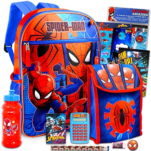 Marvel Spiderman Backpack for Kids, Toddlers - Bundle with Spiderman 16 Inch Backpack Plus Spiderman Lunch Box, Stationery Supplies, Water Bottle, Stickers, and More (Marvel School Supplies Set)