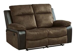 signature design by ashley woodsway traditional pull tab reclining loveseat, brown