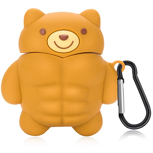 AirPods Case Cute Muscle Bear Design with Keychain Soft Silicone Protective Cover Compatiable with AirPods 1st & 2nd Generation Case