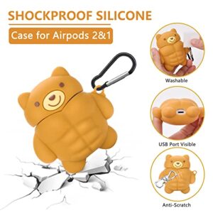 AirPods Case Cute Muscle Bear Design with Keychain Soft Silicone Protective Cover Compatiable with AirPods 1st & 2nd Generation Case