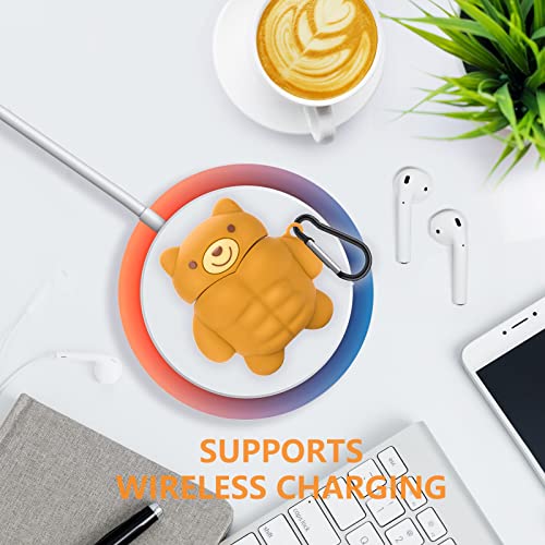 AirPods Case Cute Muscle Bear Design with Keychain Soft Silicone Protective Cover Compatiable with AirPods 1st & 2nd Generation Case