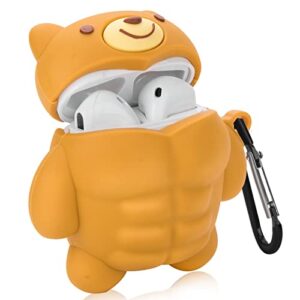 AirPods Case Cute Muscle Bear Design with Keychain Soft Silicone Protective Cover Compatiable with AirPods 1st & 2nd Generation Case