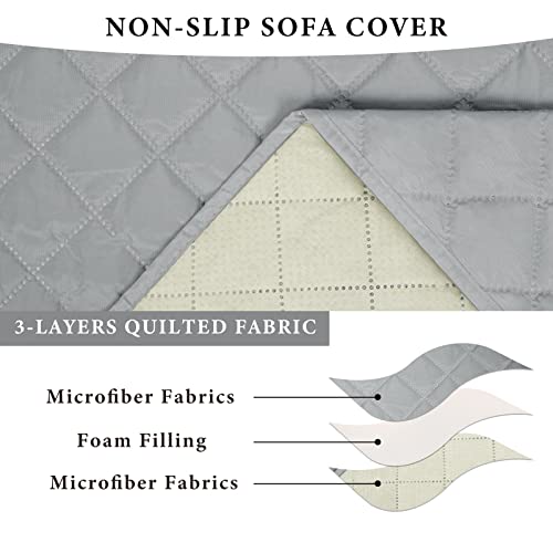 Yastouay Reversible Quilted Sofa Cover, Waterproof Couch Cover for 3 Cushion Couch Sofa, Washable Sofa Slipcover Furniture Protector with Non-Slip Foam and Elastic Strap for Dogs, Pets, Kids, Gray