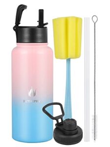 insulated water bottle with straw lid, 32oz vacuum stainless steel insulated sports water bottle, double wall bpa free sweat-proof thermos to beverages perfectly keep cold or hot