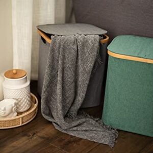 Square Foldable Bamboo Frame Laundry Hamper with Lid, Dirty Clothes Basket, Laundry Room Clothes Organizer 13"x13"x15"