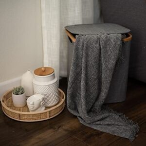 Square Foldable Bamboo Frame Laundry Hamper with Lid, Dirty Clothes Basket, Laundry Room Clothes Organizer 13"x13"x15"