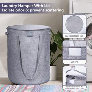 NARUNDREN Laundry Basket with Lid, 70L Round Collapsible Laundry Hamper with Handles, Freestanding Dirty Clothes Hamper Waterproof Lining for Bathroom, Laundry Room Organization Storage (Dark Grey)