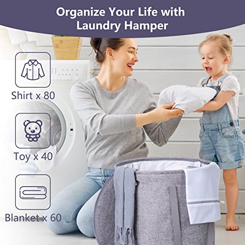 NARUNDREN Laundry Basket with Lid, 70L Round Collapsible Laundry Hamper with Handles, Freestanding Dirty Clothes Hamper Waterproof Lining for Bathroom, Laundry Room Organization Storage (Dark Grey)