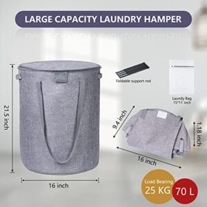 NARUNDREN Laundry Basket with Lid, 70L Round Collapsible Laundry Hamper with Handles, Freestanding Dirty Clothes Hamper Waterproof Lining for Bathroom, Laundry Room Organization Storage (Dark Grey)