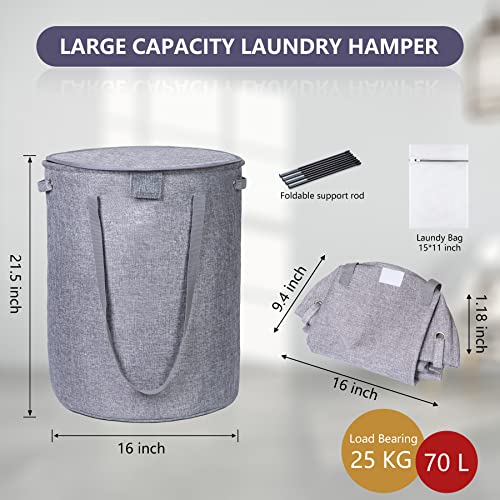 NARUNDREN Laundry Basket with Lid, 70L Round Collapsible Laundry Hamper with Handles, Freestanding Dirty Clothes Hamper Waterproof Lining for Bathroom, Laundry Room Organization Storage (Dark Grey)