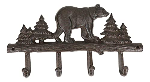Ebros Gift Cast Iron 11.75" Long Rustic Forest Black Bear Strolling by Pine Trees Forest 4-Pegs Wall Hook Western Bears Hunting Cabin Lodge Country for Coat Hat Clothing Leash Keys (1)