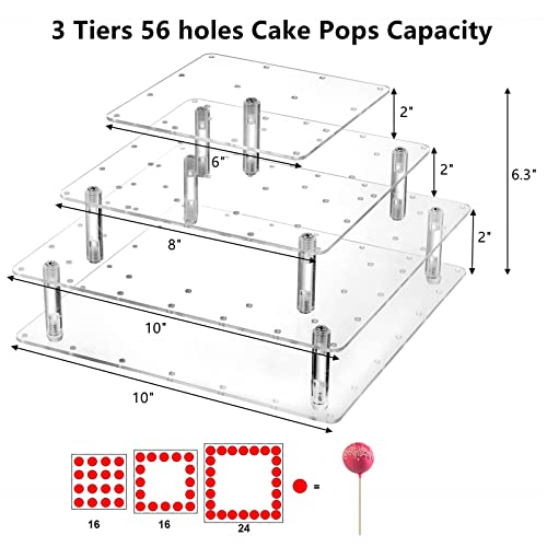 Frcctre 3 Tier Acrylic Cake Pop Display Stand, 56 Holes Clear Acrylic Lollipop Holder Square Cupcake Dessert Candy Holder for Wedding Baby Shower Birthday Parties Anniversaries