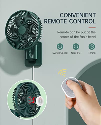 Oscillating Wall Mount Small Fan with Remote Control and Timer, 8.5Inch, 4 Speeds, Included Adapter, 120° Adjustable Tilt, High Velocity, 70Inch Cord, Quiet, for RV Bedroom Kitchen Gym, Garage,12 W