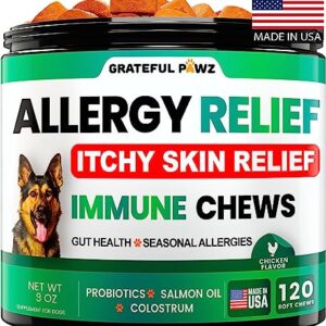 Dog Allergy Relief Chews - Dog Itch Relief - Probiotics, Omega 3 Fish Oil + Colostrum - Itchy Skin Relief - Seasonal Allergies - Anti Itch Support & Hot Spots - Immune Health Supplement - Made in USA