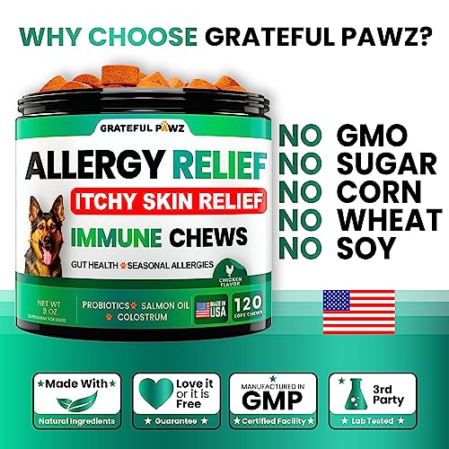 Dog Allergy Relief Chews - Dog Itch Relief - Probiotics, Omega 3 Fish Oil + Colostrum - Itchy Skin Relief - Seasonal Allergies - Anti Itch Support & Hot Spots - Immune Health Supplement - Made in USA