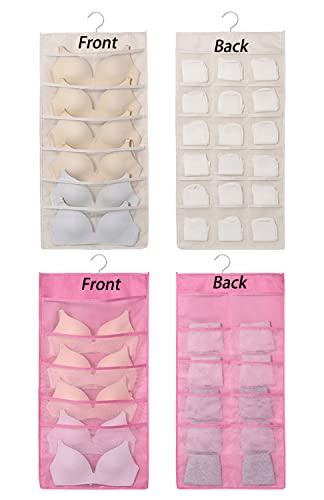 Anller Hanging Mesh Pockets, Dual Sided Wall Shelf Wardrobe Storage Bags, Closet Hanging Shelves with Rotating Metal Hanger, for Bra Socks Underwear Underpants, 2 Pack