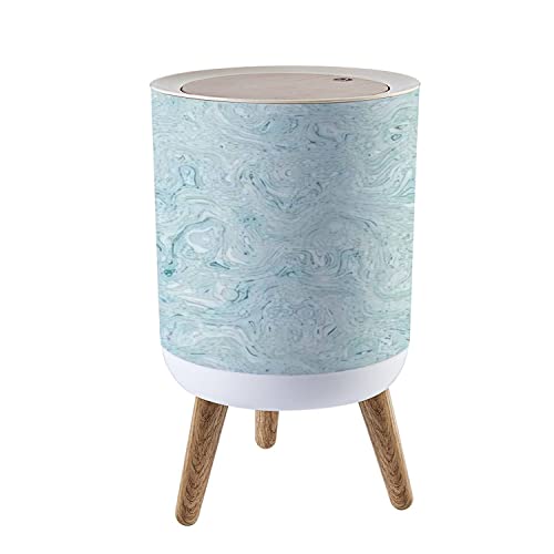 Small Trash Can with Lid Aegean Teal Mottled Swirl Marble Nautical Texture Summer Coastal Round Recycle Bin Press Top Dog Proof Wastebasket for Kitchen Bathroom Bedroom Office 7L/1.8 Gallon