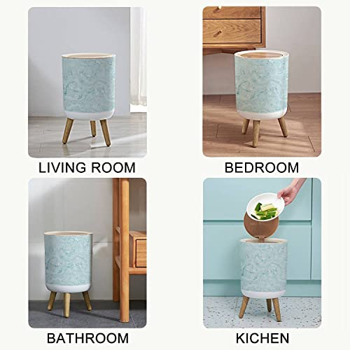 Small Trash Can with Lid Aegean Teal Mottled Swirl Marble Nautical Texture Summer Coastal Round Recycle Bin Press Top Dog Proof Wastebasket for Kitchen Bathroom Bedroom Office 7L/1.8 Gallon