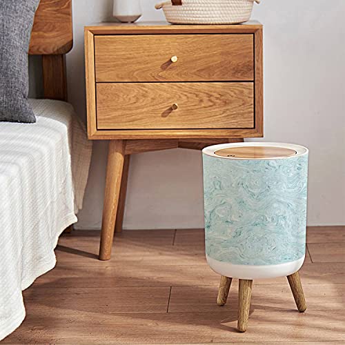 Small Trash Can with Lid Aegean Teal Mottled Swirl Marble Nautical Texture Summer Coastal Round Recycle Bin Press Top Dog Proof Wastebasket for Kitchen Bathroom Bedroom Office 7L/1.8 Gallon