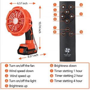 WaxPar For black decker Fan Cordless Jobsite Fan, USB Floor Fan Industrial fan with Light Compatible with black decker 14.4-20V Li-Ion Battery, Remote, 3 Wind/Brightness Modes, Timer