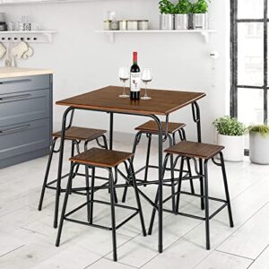 COSTWAY 5-Piece Bar Table Set Industrial Counter Height Square Table with 4-Piece Classic Backless Stools Space-Saving Vintage Dining Table Set for Apartment Breakfast Nook Easy Assembly Rustic Brown