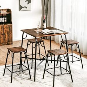 COSTWAY 5-Piece Bar Table Set Industrial Counter Height Square Table with 4-Piece Classic Backless Stools Space-Saving Vintage Dining Table Set for Apartment Breakfast Nook Easy Assembly Rustic Brown