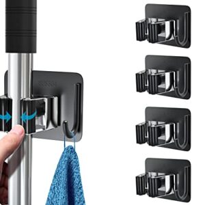 HOMEASY Mop Broom Holder No Drill SUS304 Stainless Steel, Mop Broom Organizer Wall Mounted Heavy Duty with Hooks Hanger, Self Adhesive Stainless Steel 4Pcs for Bathroom, Kitchen, Office