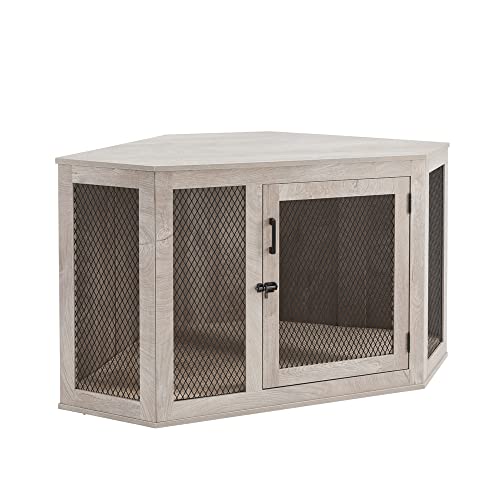 unipaws Corner Dog Crate Pet Crate Furniture for Small Medium Dogs with Cushion, Medium Dog Crates Dog Kennel with Metal Mesh, Dog House, Pet Crate Indoor Use, Medium, Weather Grey