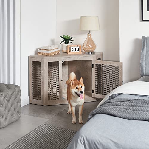 unipaws Corner Dog Crate Pet Crate Furniture for Small Medium Dogs with Cushion, Medium Dog Crates Dog Kennel with Metal Mesh, Dog House, Pet Crate Indoor Use, Medium, Weather Grey