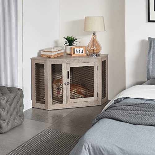 unipaws Corner Dog Crate Pet Crate Furniture for Small Medium Dogs with Cushion, Medium Dog Crates Dog Kennel with Metal Mesh, Dog House, Pet Crate Indoor Use, Medium, Weather Grey