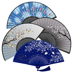 wearxi hand held fan, 4 pcs hand fans for women foldable, 8.3" silk folding fan with bamboo frames, chinese japenese paper hand fan foldable for cosplay, dancing, party, wedding, home decoration