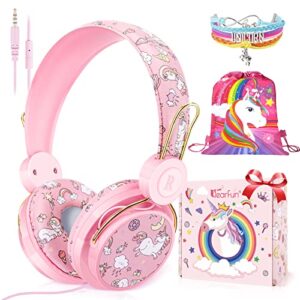 qearfun unicorn headphones for girls kids for school, kids wired headphones with microphone & 3.5mm jack, teens toddlers noise cancelling headphone with adjustable headband for tablet/smartphones