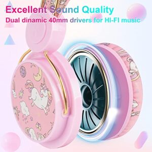QearFun Unicorn Headphones for Girls Kids for School, Kids Wired Headphones with Microphone & 3.5mm Jack, Teens Toddlers Noise Cancelling Headphone with Adjustable Headband for Tablet/Smartphones