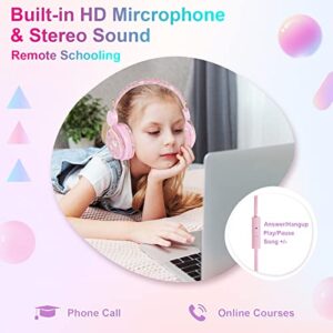 QearFun Unicorn Headphones for Girls Kids for School, Kids Wired Headphones with Microphone & 3.5mm Jack, Teens Toddlers Noise Cancelling Headphone with Adjustable Headband for Tablet/Smartphones