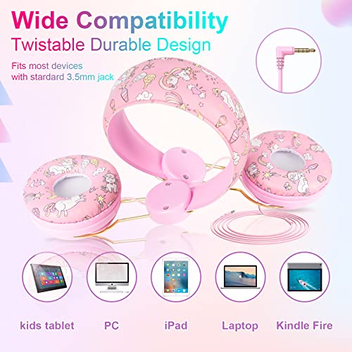 QearFun Unicorn Headphones for Girls Kids for School, Kids Wired Headphones with Microphone & 3.5mm Jack, Teens Toddlers Noise Cancelling Headphone with Adjustable Headband for Tablet/Smartphones
