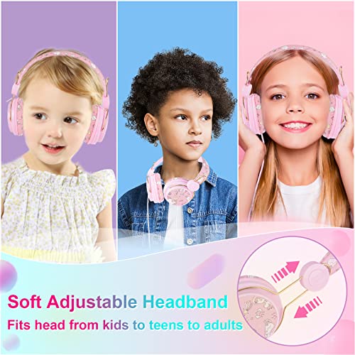 QearFun Unicorn Headphones for Girls Kids for School, Kids Wired Headphones with Microphone & 3.5mm Jack, Teens Toddlers Noise Cancelling Headphone with Adjustable Headband for Tablet/Smartphones