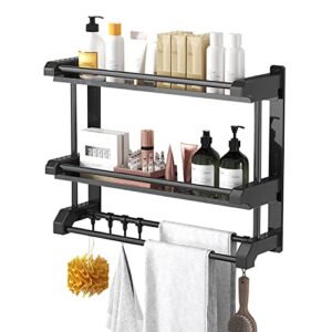 swtoipig floating shelves, 2 layers bathroom shelves with hooks, wall shelves, bathroom shelf with rails, wall mounted storage shelves, metal frame and abs plastic towel rack for bathroom/kitchen