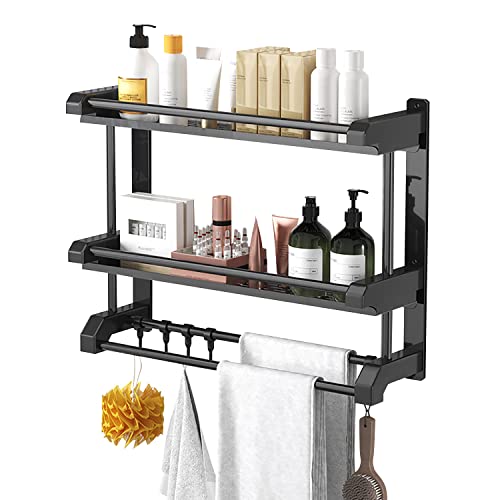 SWTOIPIG Floating Shelves, 2 Layers Bathroom Shelves with Hooks, Wall Shelves, Bathroom Shelf with Rails, Wall Mounted Storage Shelves, Metal Frame and ABS Plastic Towel Rack for Bathroom/Kitchen