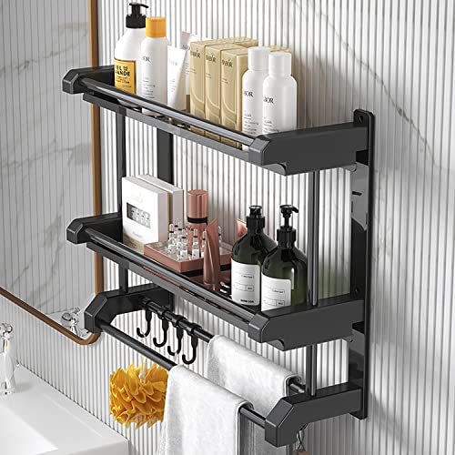 SWTOIPIG Floating Shelves, 2 Layers Bathroom Shelves with Hooks, Wall Shelves, Bathroom Shelf with Rails, Wall Mounted Storage Shelves, Metal Frame and ABS Plastic Towel Rack for Bathroom/Kitchen