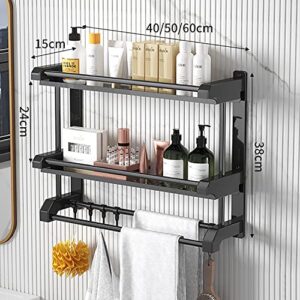 SWTOIPIG Floating Shelves, 2 Layers Bathroom Shelves with Hooks, Wall Shelves, Bathroom Shelf with Rails, Wall Mounted Storage Shelves, Metal Frame and ABS Plastic Towel Rack for Bathroom/Kitchen