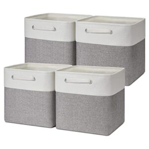 neykioy storage bins for cube organizer,storage cubes 12 x 12, fabric storage bins for home,office nursery organization and storage cube bins,bins for cube organizer with 2 handles(white&grey,4 pack)
