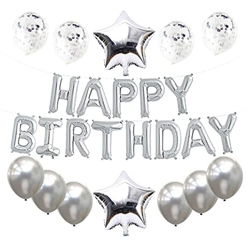 AOLOX Happy Birthday Banner Balloons Set Kids Party Decorations Kit (Silver)