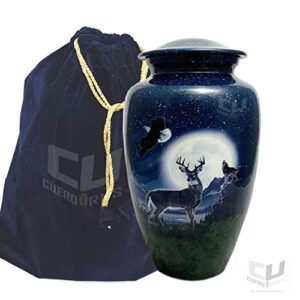 CUERO URNS - Beautiful Deer, Eagle and Wolf with Moon Cremation Urn for Adult Human Ashes with Velvet Bag - Affordable Funeral Urn Male Or Female Urn