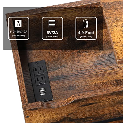 MOOACE End Table with Charging Station, Lift Top Nightstand Mobile Narrow Bedside Tables with USB Ports and Outlets for Living Room, Bedroom, Large Storage Space Cabinet, Rustic Brown