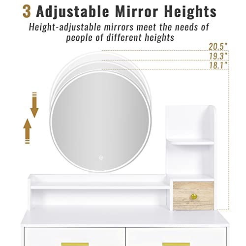 Tiptiper Vanity Mirror with Lights and Table Set, Makeup Vanity with 3 Color Lighting Modes & Touch Screen, Vanity Desk with Nightstand and Open Shelves, Vanity Table with Storage Drawers