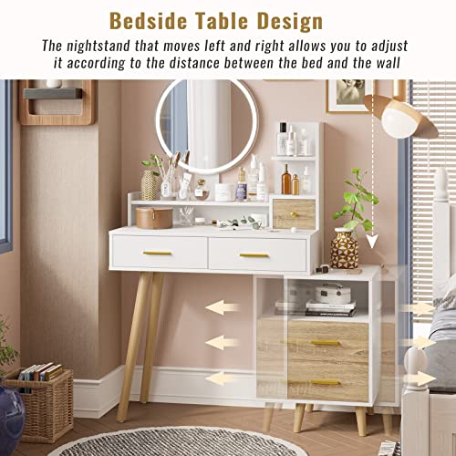 Tiptiper Vanity Mirror with Lights and Table Set, Makeup Vanity with 3 Color Lighting Modes & Touch Screen, Vanity Desk with Nightstand and Open Shelves, Vanity Table with Storage Drawers