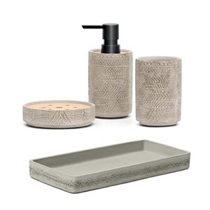 grey bathroom accessories set, includes ceramic bathroom soap dispenser, toothbrush holder, soap dish and concete tray