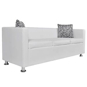 Sofa 3-Seater Artificial Leather White Living Room Home Office Furniture MDF Plywood Modern Chesterfield Upholstered Cushion Pillow, White