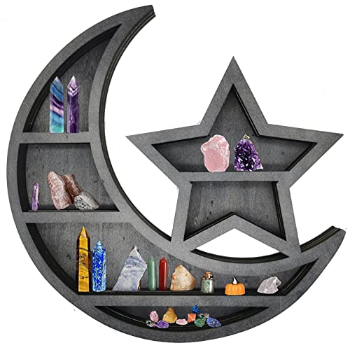 Wooden Moon Shelf, Durable Pine Floating Shelves Engraved Moon Design Shelf for Crystal Essential Oil Display Home Decor-Moon Star04